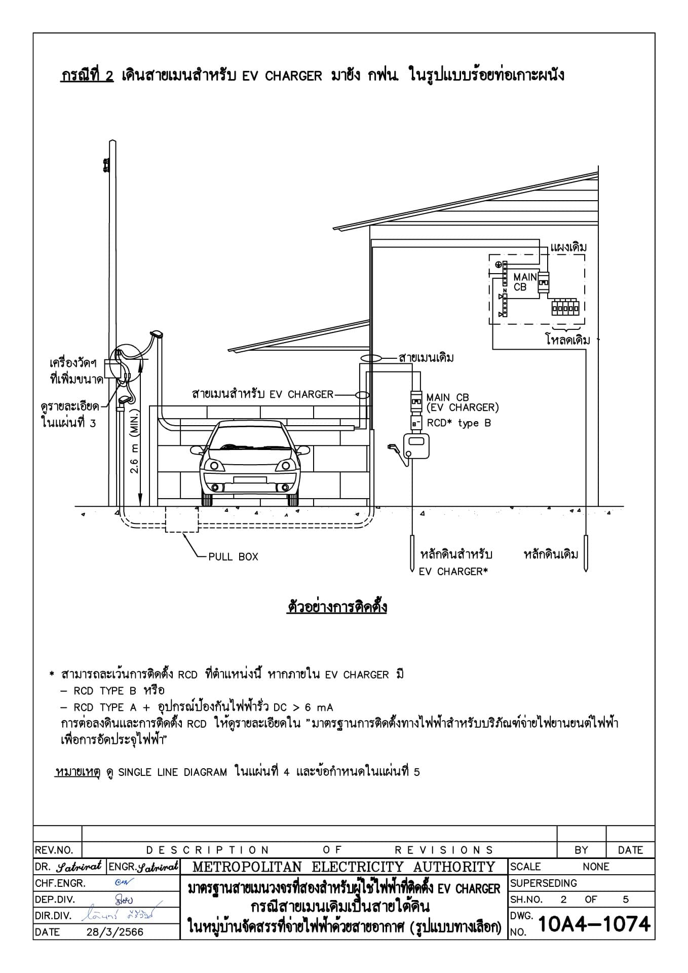 มาตรฐานการติดตั้งสายเมนวงจรที่สองสำหรับผู้ใช้ไฟฟ้าที่ติดตั้ง EV CHARGER กรณีสายเมนเดิมเป็นสายใต้ดิน (รูปแบบทางเลือก) แผ่น 2 ของจำนวน 5 แผ่น (กรณีที่ 2 เดินสายเมนสำหรับ EV CHARGER มายัง กฟน. ในรูปแบบร้อยท่อเกาะผนัง) โดย การไฟฟ้านครหลวง