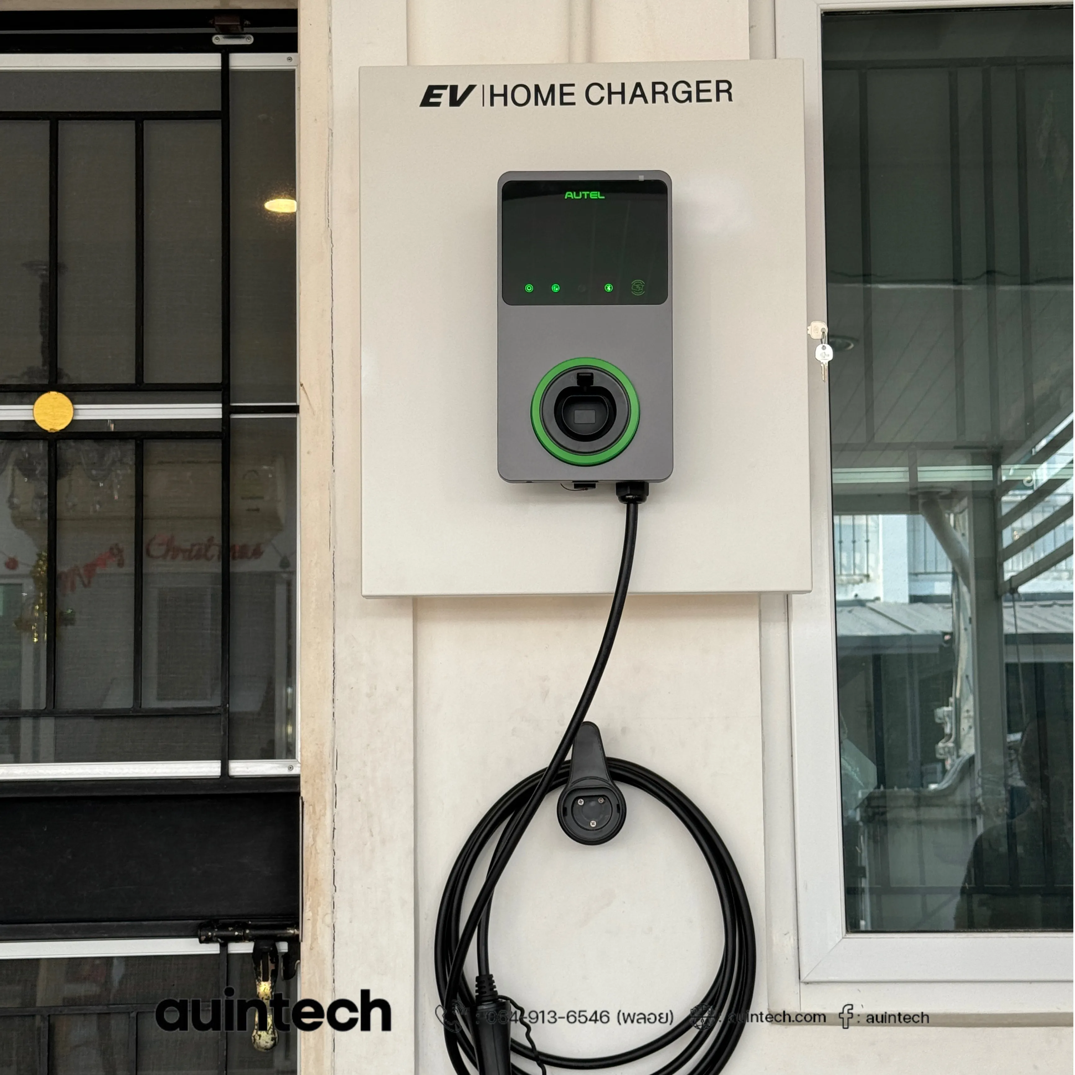 ผลงานติดตั้ง Autel MaxiCharger AC Wallbox 7.4kW สีเทาเข้ม ติดตั้งจากวงจรที่ 2 พร้อมตู้ Comfort ver.02 พร้อมสติกเกอร์ EV Home Charger ติดตั้งโดย Auintech